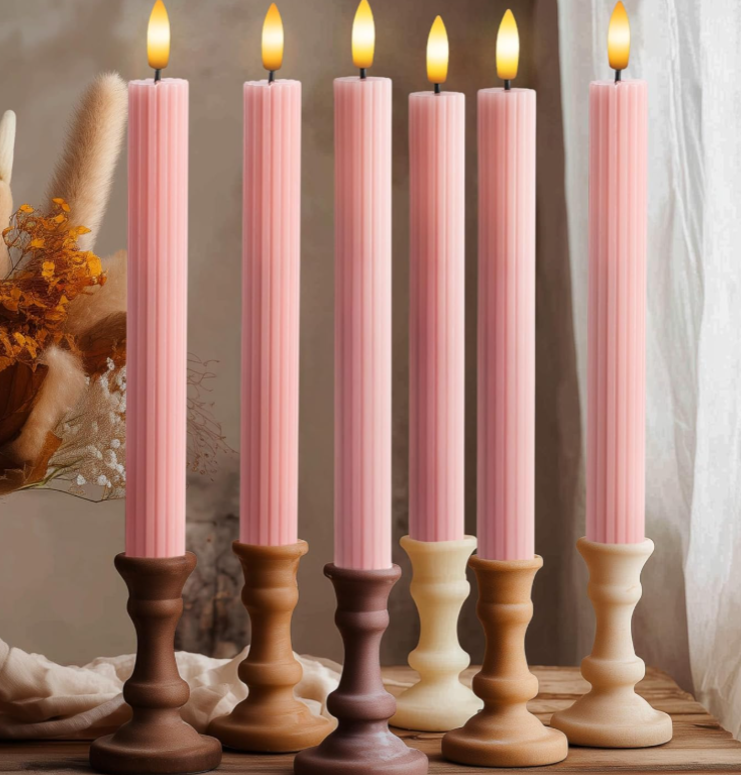 Set of 6 Pink Vertical-Striped Taper Candles